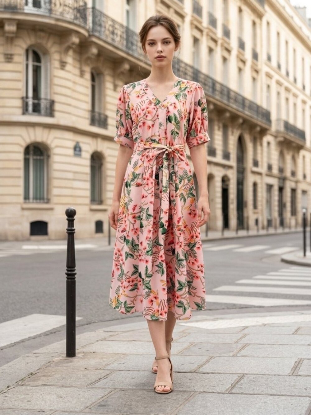 LOFT Pink Floral Tie Waist Midi Dress Size 2 Lined Button Front - Picture 1 of 13